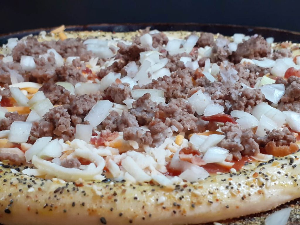 Cheeseburger Pizza Everything Bagel Crusted Assembly