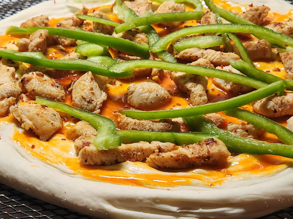 JAHZKITCHEN Pizza Dough with Buffalo Sauce Chicken and Green Peppers