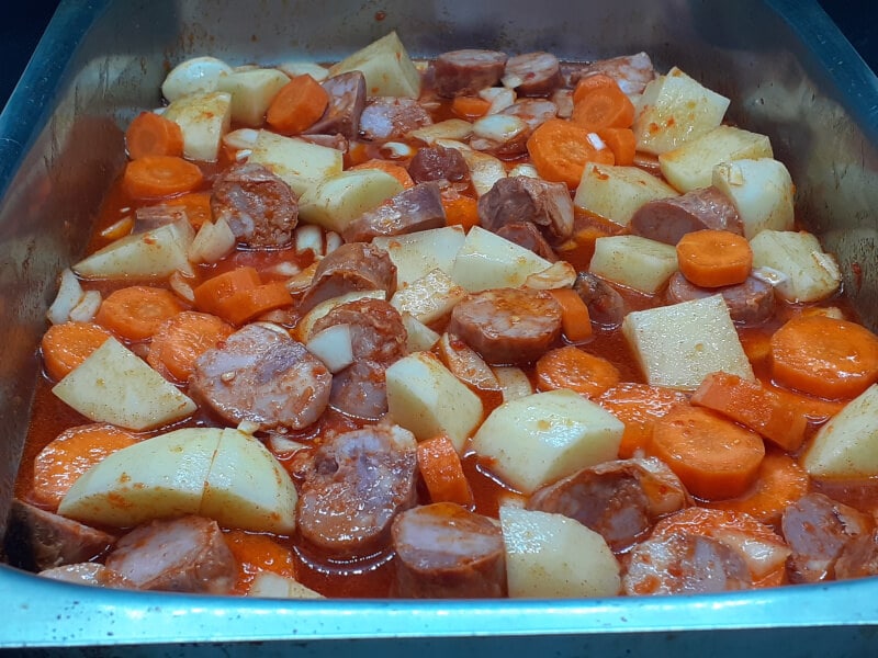 Uncooked Oven Sausage and Vegetables
