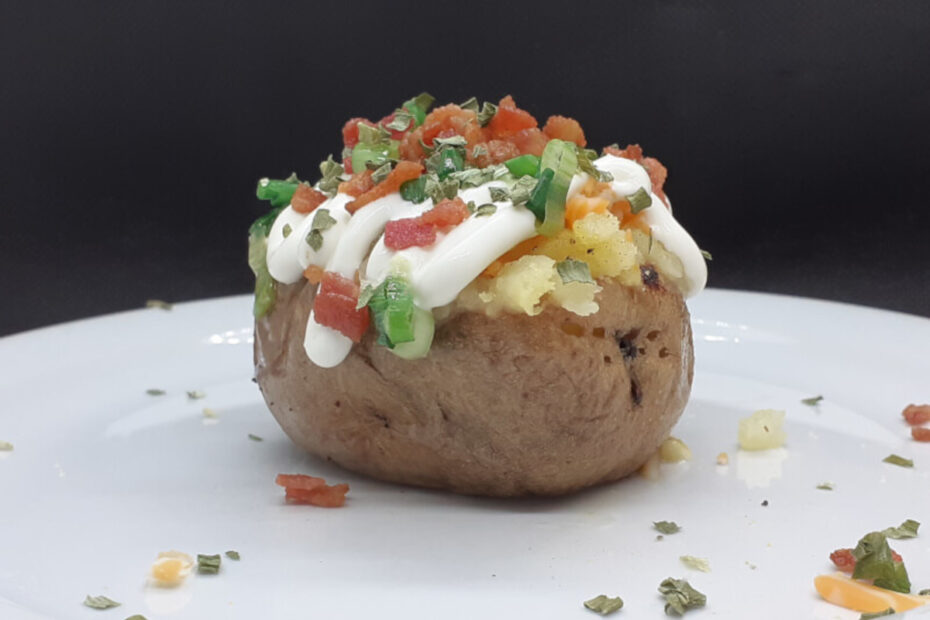 JAHZKITCHEN Baked Potato with Cheese, Sour Cream, Green Onions, Bacon, Chives