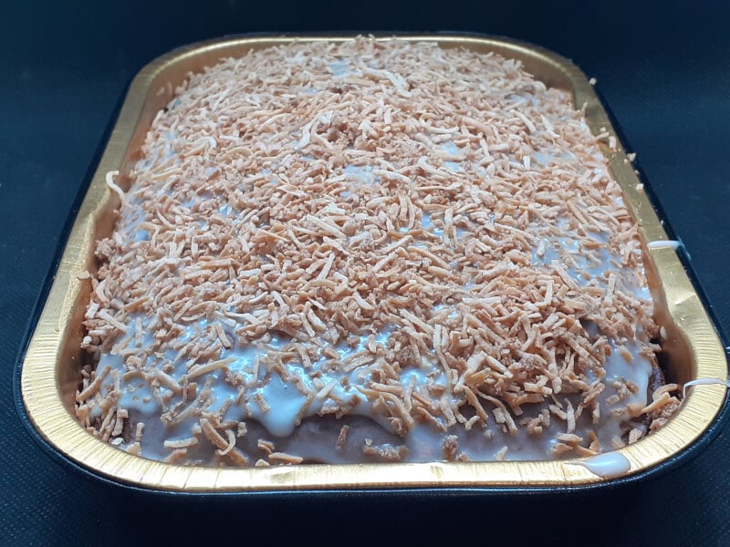 Toasted Coconut Glazed Chocolate Cake