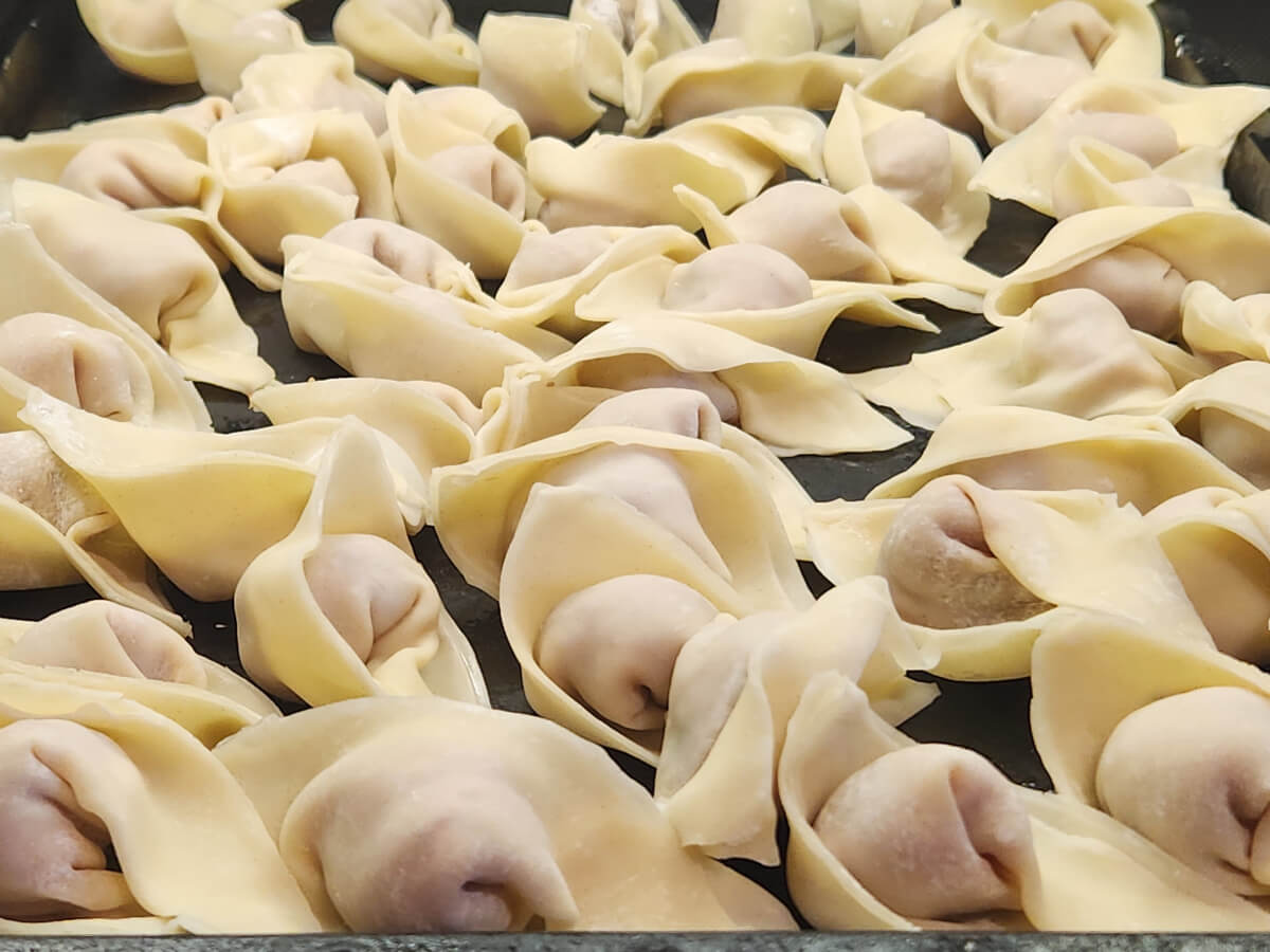 Tray of prepared Wontons