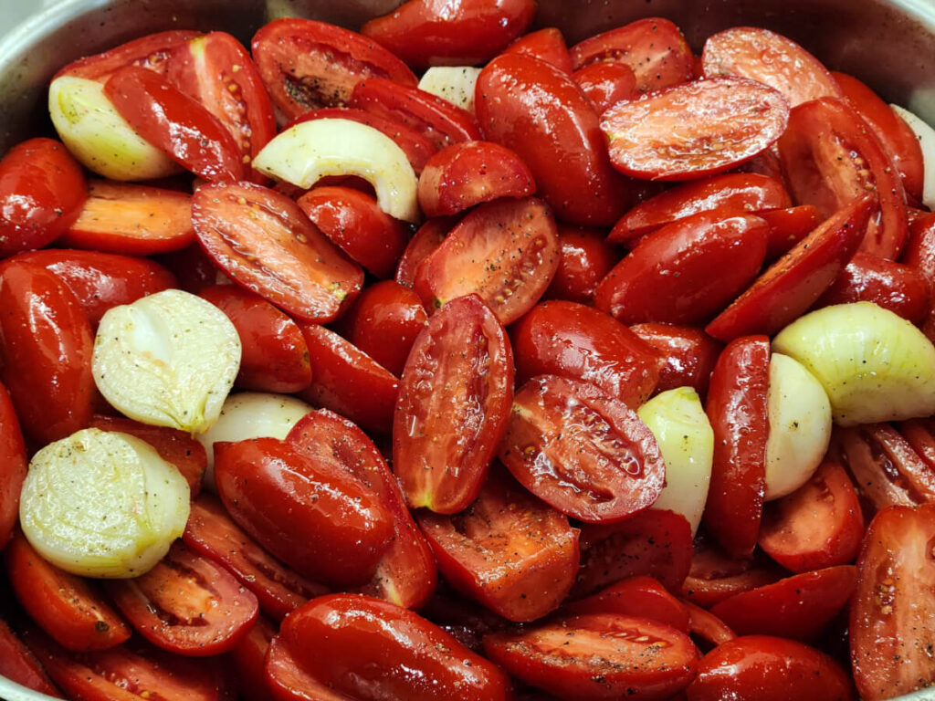 JAHZKITCHEN Preparing to Roast Roma Tomatoes Onions Garlic, EVOO Salt & Pepper