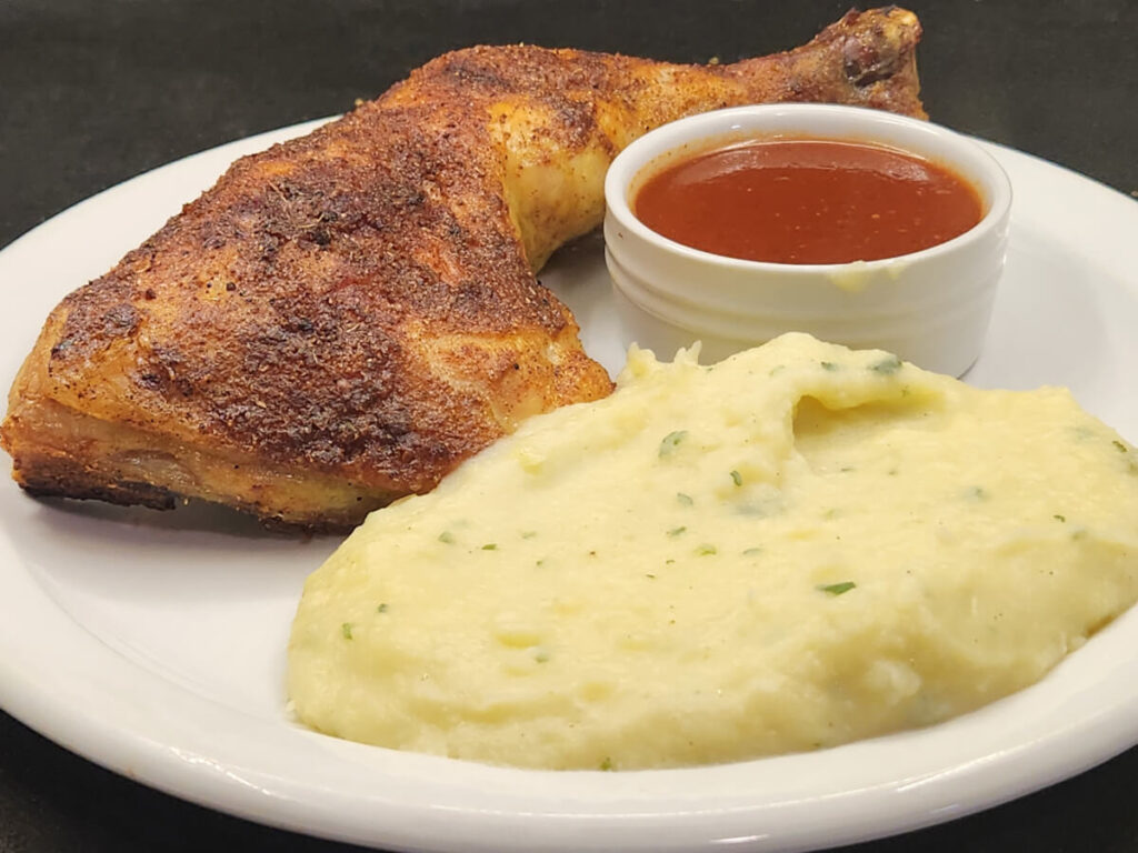 JAHZKITCHEN Rotisserie Chikcen Quarters with Rotisserie Pan Sauce and Mashed Potatoes
